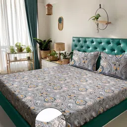 KLOTTHE Grey & Orange Motifs Printed 300 TC Fitted Super King Bedsheet Set- 2.70 x 2.70 m-image-20