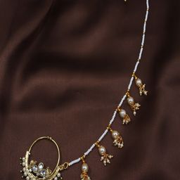 I Jewels Gold-Plated & Green Pearl Studded & Beaded Chained Nose Ring-image-79