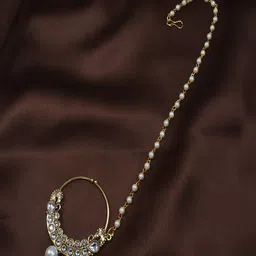 I Jewels Gold Plated & White Pearl Studded & Beaded Chained Nosepin-9