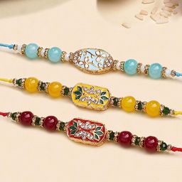 KARATCART Set Of 3 Enamel Floral Design Thread Rakhi for Brother with Roli & Chawal-image-7