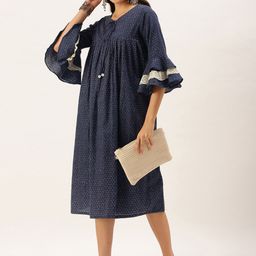 Saanjh Women Navy Blue & Maroon Floral Tie-Up Neck Midi Cotton Empire Dress-image-51