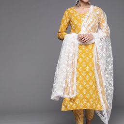 Varanga Women Mustard Yellow Ethnic Motifs Printed Sequinned Pure Cotton Kurta with Trousers & With Dupatta-picture-3