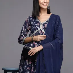 Varanga Floral Printed Pleated Gotta Patti Silk Georgette Kurta with Trousers & Dupatta-picture-24