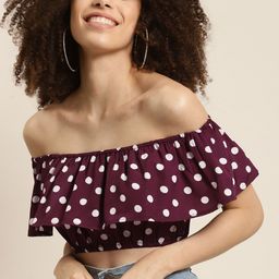 Qurvii Burgundy & White Off-Shoulder Ruffles Crepe Fitted Crop Top-picture-48