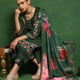 Varanga Women Floral Embroidered Regular Thread Work Pure Cotton Kurta with Trousers & With Dupatta-image-29