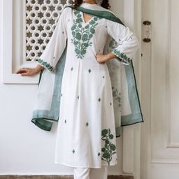 Indo Era Women Floral Embroidered Empire Thread Work Pure Cotton Kurta with Trousers & With Dupatta-picture-33