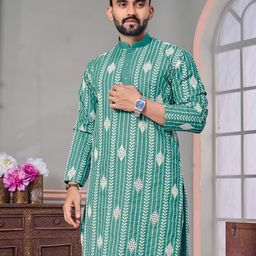 FoxDX Floral Embroidered Mandarin Collar Mirror Work Pure Cotton Straight Kurta-image-83