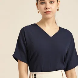 her by invictus Women Navy Blue Textured Extended Sleeves Boxy Formal Top-picture-40