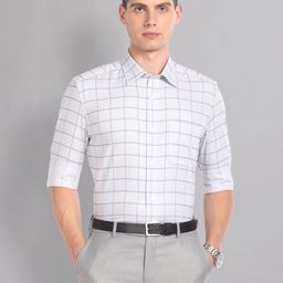 AD By Arvind Windowpane Checks Spread Collar Long Sleeves Cotton Formal Shirt-image-27