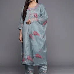 Varanga Floral Embroidered Mirror Work Kurta with Trousers & Dupatta-19
