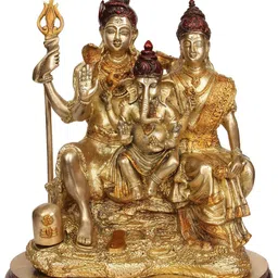 Exotic India Brass Gold-Toned & Brown Shiva-Parvati With Ganesha Showpiece-image-71