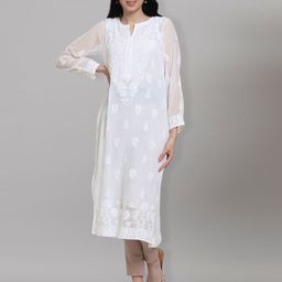PARAMOUNT CHIKAN Women White Hand Embroidered Chikankari Floral Georgette Kurta-47