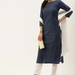 Saanjh Women Navy Blue Ethnic Motifs Printed Regular Pure Cotton Kurta with Palazzos & With Dupatta-0