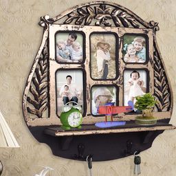 Home Sparkle Gold-Toned Wood Wall Shelf With Photoframe & Hooks-28