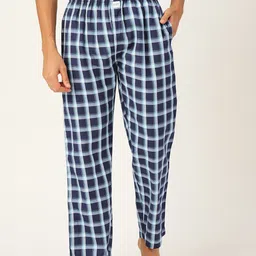 JAPS Men Black & Navy Blue Checked Premium Cotton Lounge Pants-image-78