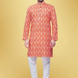 SHIWAM ETHNIX Mandarin Collar Ethnic Motifs Block Printed Cotton Straight Kurta-image-96