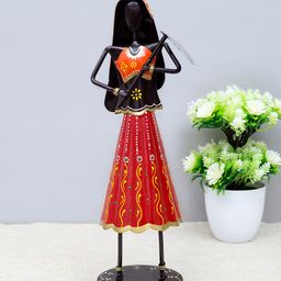 Golden Peacock Black & Red Handcrafted Metal lady Farmer Decorative Showpiece-93