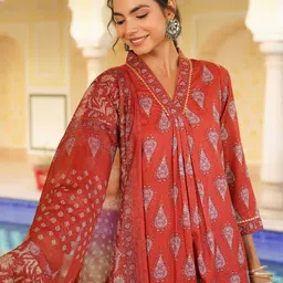 AHIKA Women Ethnic Motifs Printed Regular A-Line Kurtas & Trousers With Dupatta-15