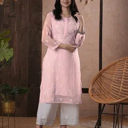 ADA Women Pink Sheer Chikankari Embroidered Straight Handloom Kurta with Inner-picture-8