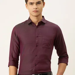Peter England Men Wine-Coloured Self Design Slim Fit Pure Cotton Formal Shirt-image-16