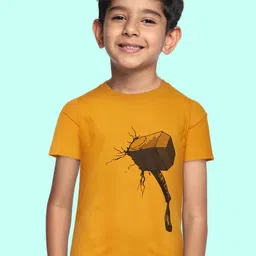 BRATMA Kids Mustard Yellow & Black Thor's Hammer Printed Cotton T-shirt-image-62