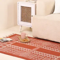 Peepul Tree Rust Brown and White Mandana Block Printed Cotton Carpet-6