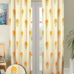 Cortina Cream-Coloured & Orange 2 Pieces Floral Printed Cotton Long Door Curtains-3