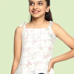 AND Girls White & Mauve Pink Floral Print Shoulder Straps Smocked Linen Blend Peplum Top-picture-9