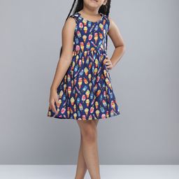 YK Infant Girls Navy Blue & Yellow Ice-Cream Print Pure Cotton A-Line Dress-picture-30