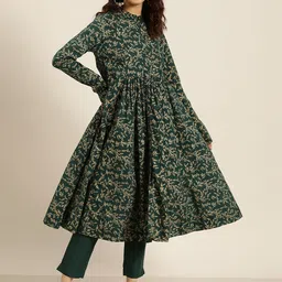 Sangria Women Green & Golden Ethnic Motifs Printed Pure Cotton Kurta with Trousers-picture-23