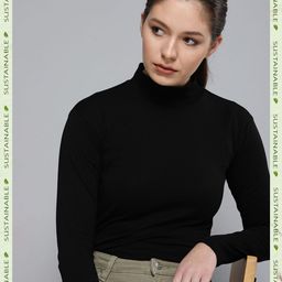 HERE&NOW Women Black Solid High Neck Pure Cotton T-shirt-image-55
