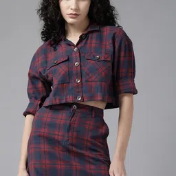 The Roadster Life Co. Women Navy Blue & Red Checked Pure Cotton Co-ords-picture-7