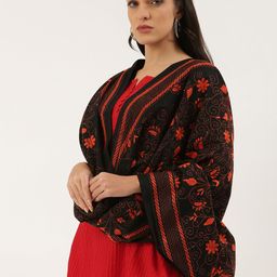 ArtEastri Black & Orange Ethnic Motifs Embroidered Pure Cotton Dupatta with Kantha Work-picture-57