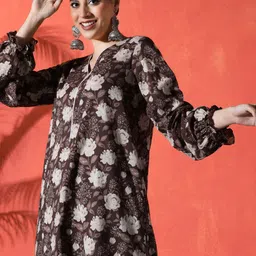 Sangria Floral Printed V-Neck Long Puffed Sleeves Pure Cotton Straight Kurta & Palazzo-picture-32