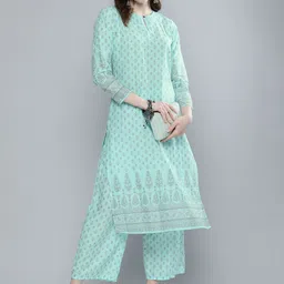 Vishudh Women Blue Ethnic Motifs Printed Panelled Pure Cotton Kurta with Trousers-52