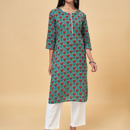 RANGMANCH BY PANTALOONS Women Blue Floral Printed Pure Cotton Kurta with Trousers-picture-29