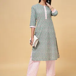 RANGMANCH BY PANTALOONS Women Teal Floral Printed Pure Cotton Kurta with Trousers-image-60
