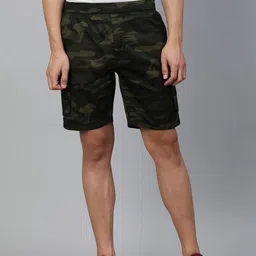 ADBUCKS Men Olive Green & Brown Camouflage Printed Pure Cotton Cargo Shorts-image-26