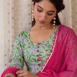 Indo Era Floral Printed V-Neck Pure Cotton A-Line Kurta & Trousers With Dupatta-picture-19