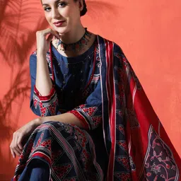 Sangria Floral Embroidered Pure Cotton Round Neck Kurta & Trousers With Dupatta-image-92