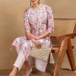 AHIKA Women Floral Printed Keyhole Neck Flared Sleeves Mirror Work Kurta-43
