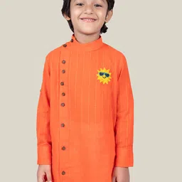 Little Llama Boys Striped Band Collar Angrakha Dobby Pure Cotton Kurta-image-83