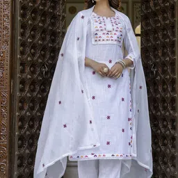 Anouk Floral Embroidered Pure Cotton Straight Kurta With Trousers & Dupatta-image-60