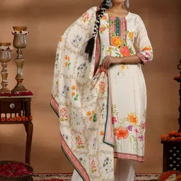 Libas Floral Printed Regular Beads and Stones Kurta with Trousers & Dupatta image 2