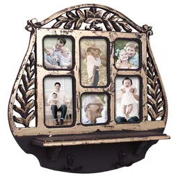 Home Sparkle Gold-Toned Wood Wall Shelf With Photoframe & Hooks image 4