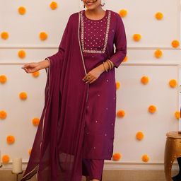 KALINI Ethnic Motifs Embroidered with Beads and Stones Kurta With Trousers & Dupatta-image-29