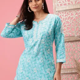 ADA Blue & White Ethnic Motifs Embroidered Chikankari Handloom Kurti-11