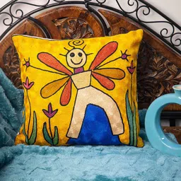 STUDIOHMK Yellow & Red Embroidered Square Cotton Linen Cushion Cover-image-65