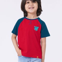 Ed-a-Mamma Boys Red Typography Colourblocked V-Neck Drop-Shoulder Sleeves T-shirt-picture-6