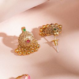 Rubans 18K Gold-Plated Ruby & Emerald Studded Temple Motif Gold Beaded Necklace Set image 4